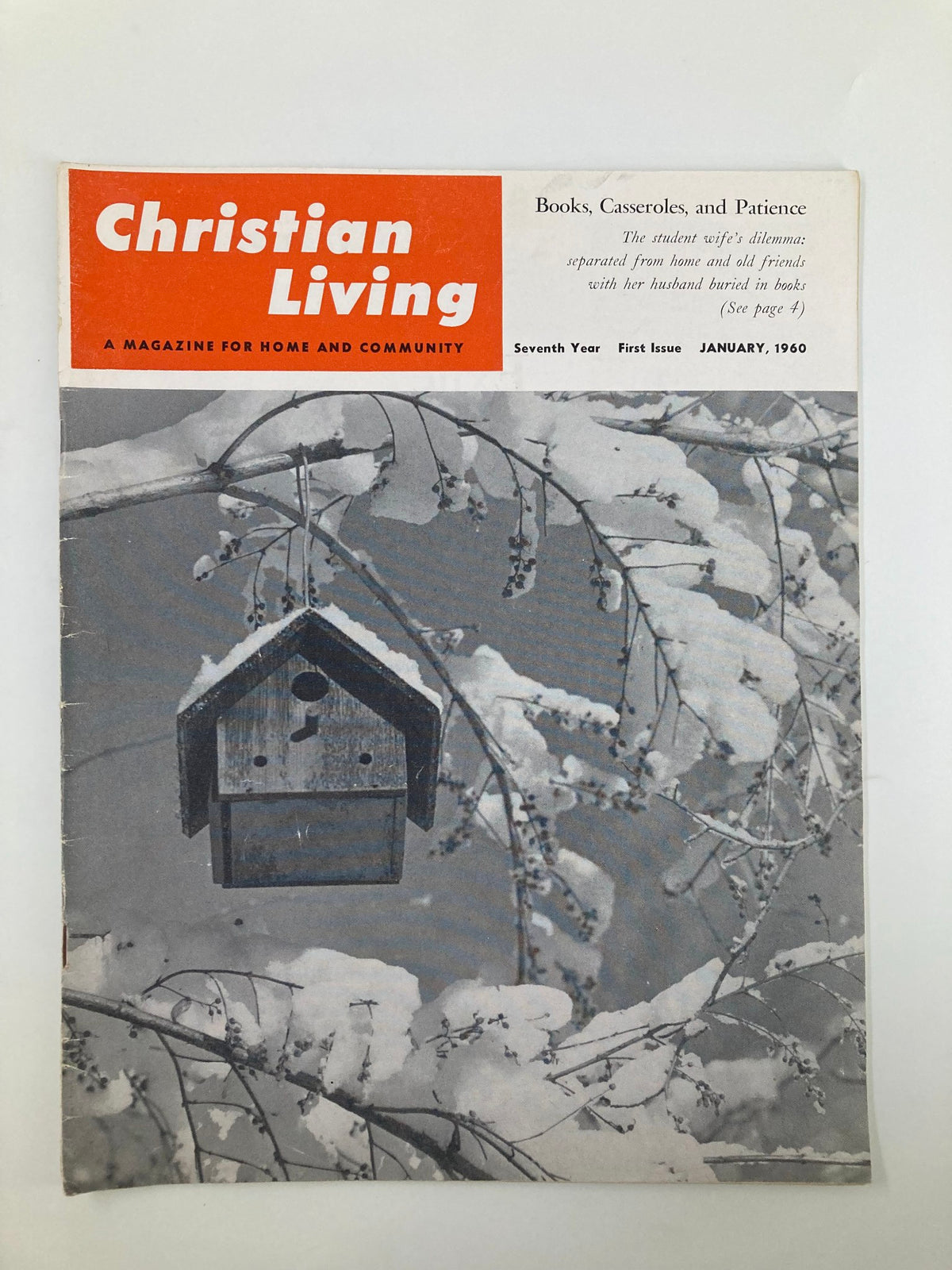 Cover of VTG Christian Living Magazine January 1960 featuring a birdhouse and snow, highlighting the theme 'Books, Casseroles, and Patience'.