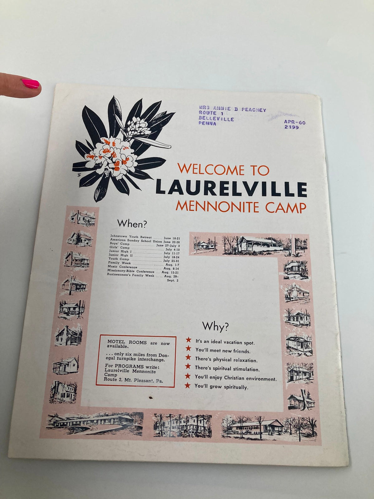 Back cover of the VTG Christian Living Magazine from May 1959, highlighting the Welcome to Laurelville Mennonite Camp with details of summer programs and events.
