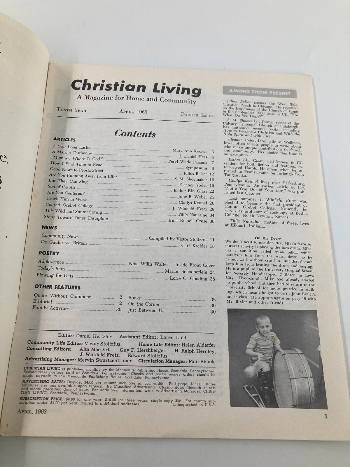 Contents page of VTG Christian Living Magazine April 1963, showcasing various articles including insights on Christian living from the 1960s.
