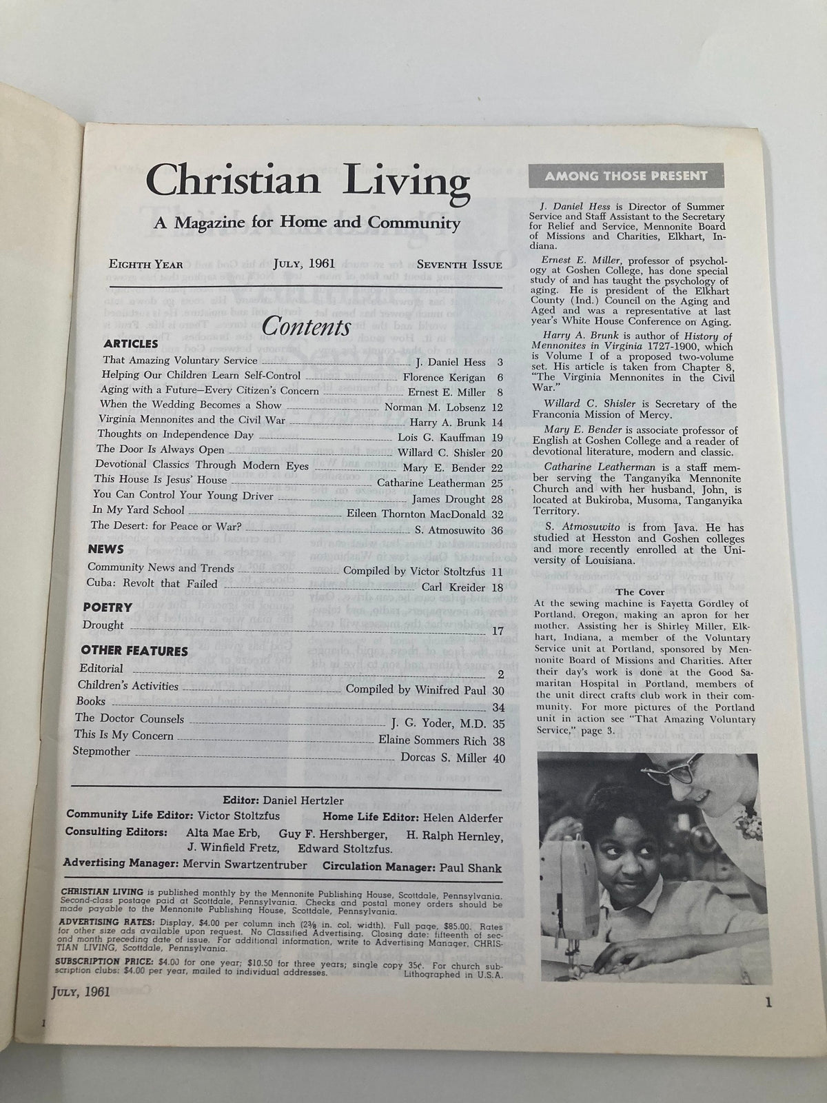 Vintage Christian Living Magazine July 1961 interior page displaying the table of contents, listing various articles and features, set in a traditional format that showcases historical Christian literature.