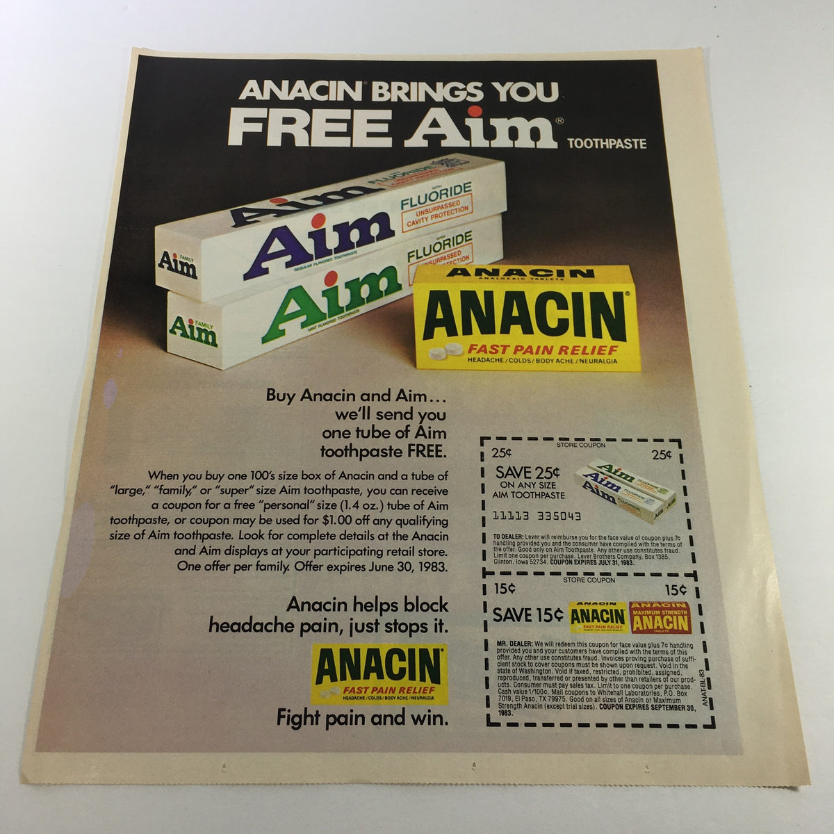 VTG Retro 1983 Anacin Analgesic Tablet and Aim Toothpaste Print Ad showing promotional offer with store coupons for free Aim toothpaste, featuring Anacin's fast pain relief tagline.