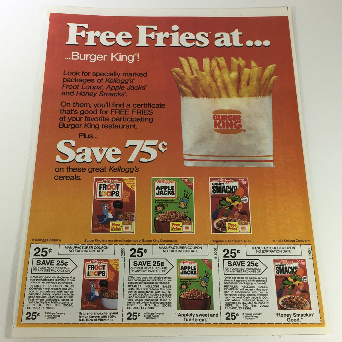 VTG Retro 1984 Kellogs Cereals advertisement featuring Free Burger King Fries coupons. The ad showcases Kellogg's Froot Loops, Apple Jacks, and Honey Smack cereals with illustrations and promotional text, highlighting a 75 cent savings and special offer.