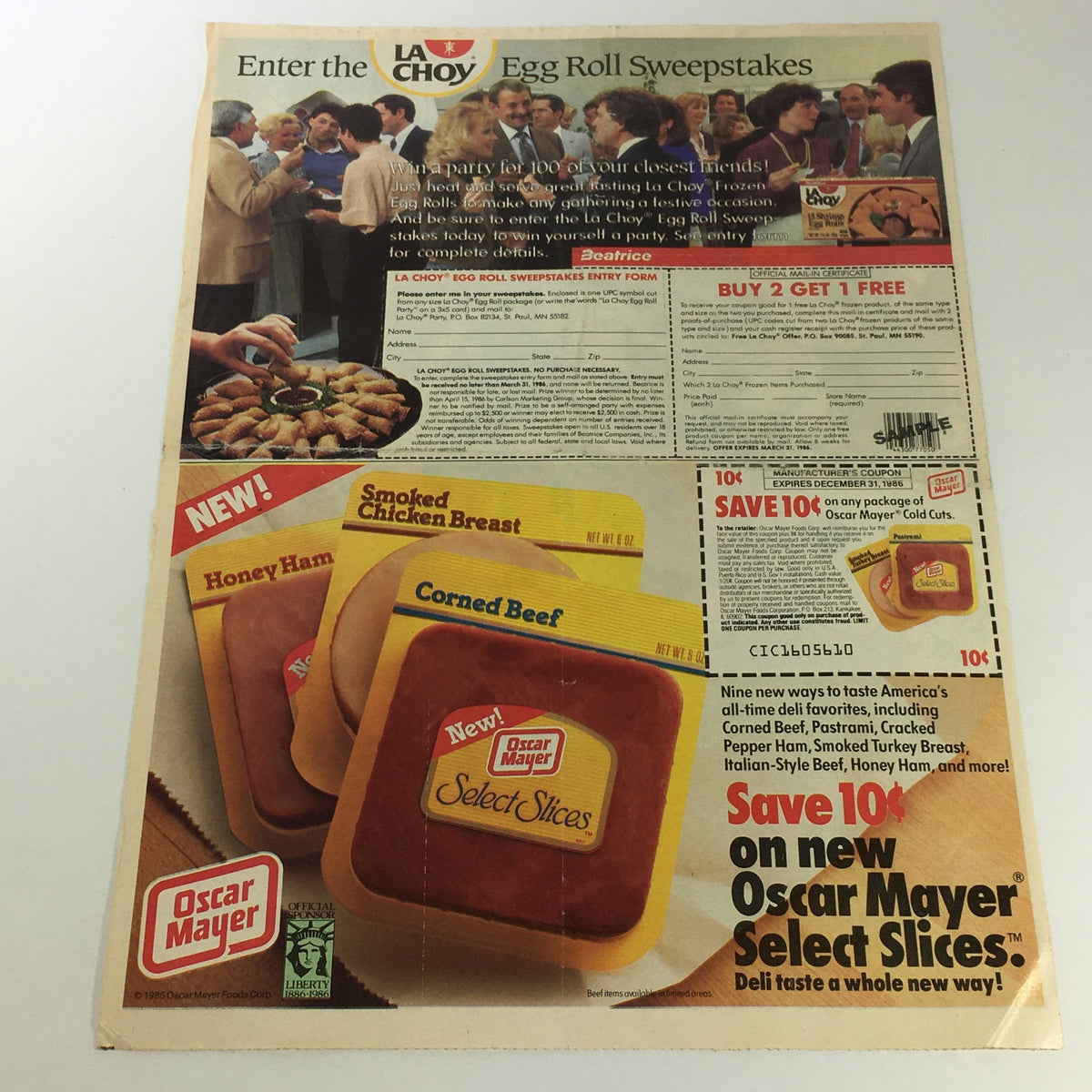 Vintage advertisement featuring La Choy Egg Roll Sweepstakes, not related to Meaty Bone Dog Biscuits but showcasing retro promotional elements.