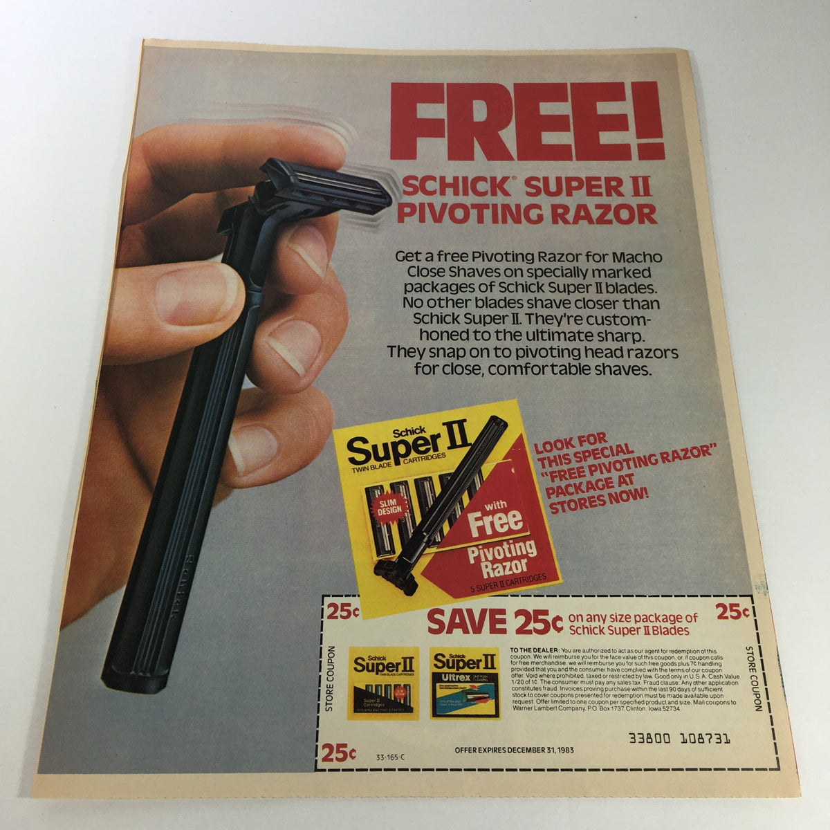 VTG Retro 1983 Schick Super II Blades advertisement showcasing a FREE Pivoting Razor coupon, highlighting shaving technologies from the early 80s.