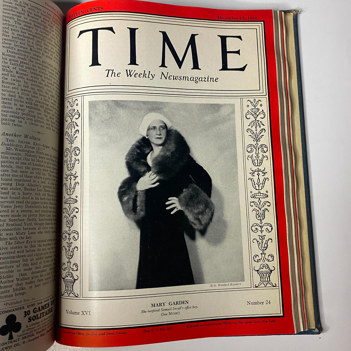 Cover of Time Magazine dated December 15, 1930, showcasing Mary Garden, an important figure of the time, as part of the Time Magazine Bound Weekly series from July to December 1930.