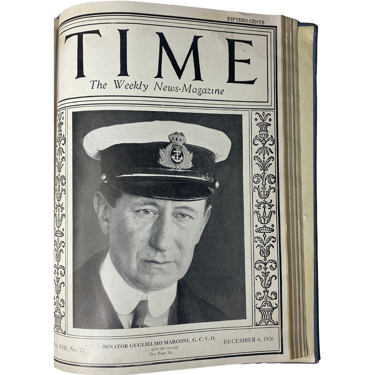 Cover page of Time Magazine from December 6, 1926 featuring Senator Guglielmo Marconi, showcasing the title 'Time Magazine Bound Weekly 1926 July - December'.