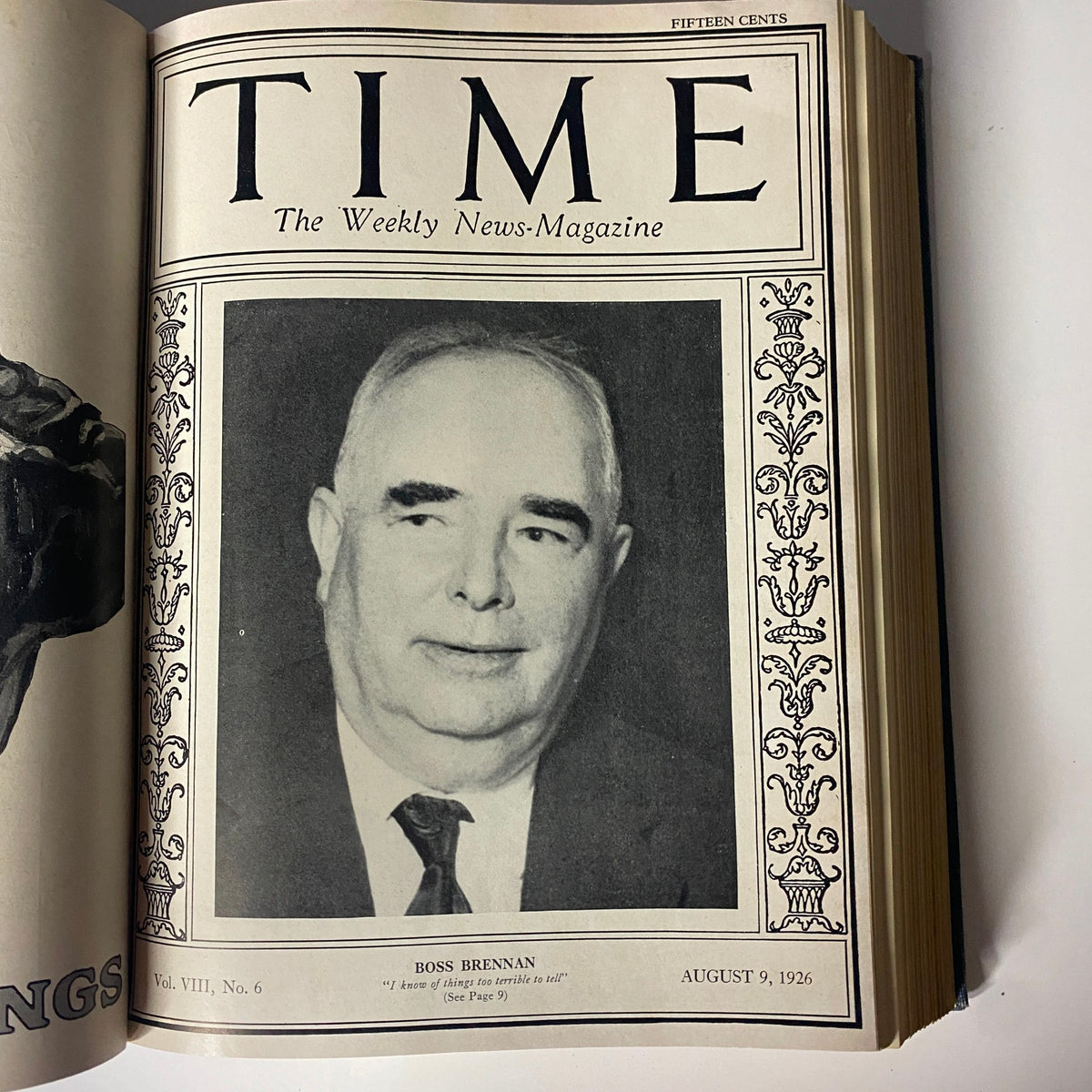 Cover of Time Magazine, August 9, 1926 showcasing Boss Brennan. The issue features prominent cultural and political discussions of the year.