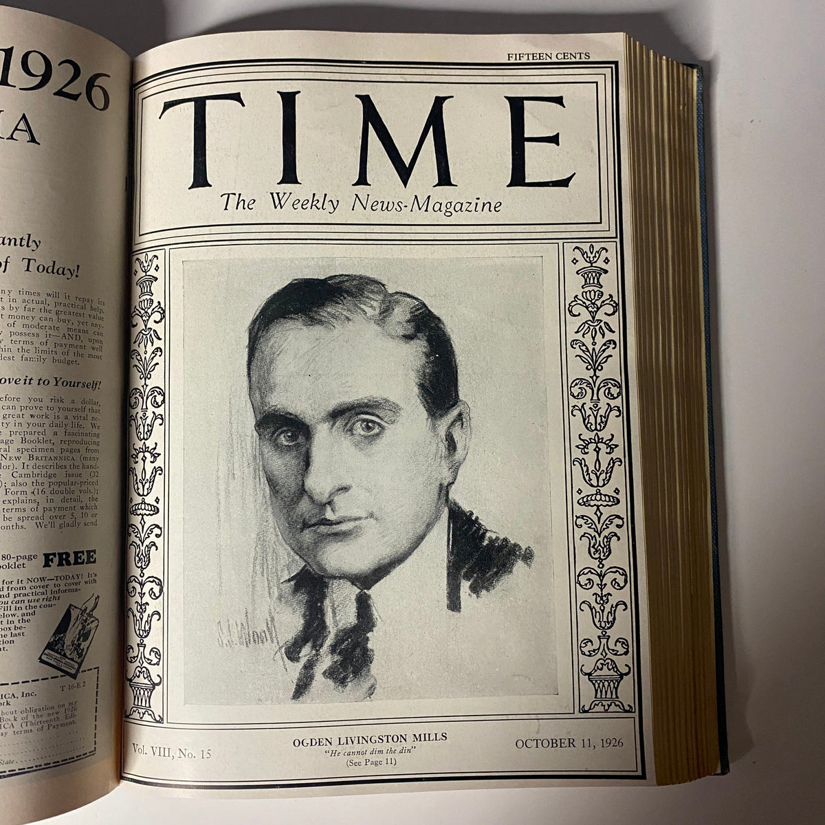 Cover of Time Magazine dated October 11, 1926, featuring a portrait of Ogden Livingston Mills, part of the Time Magazine Bound Weekly collection July to December 1926.