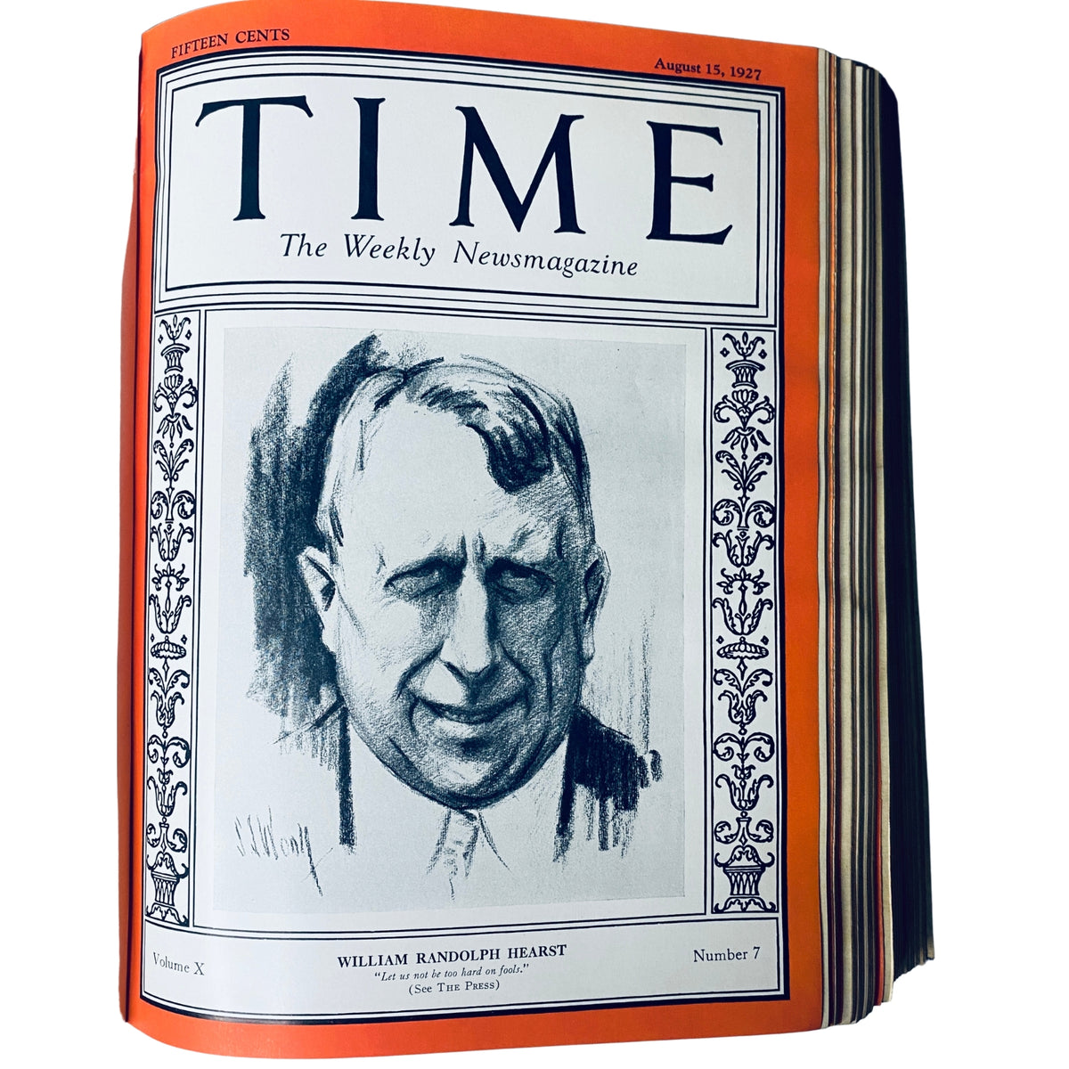 Cover page of Time Magazine dated August 15, 1927, featuring a portrait of William Randolph Hearst, part of the bound collection of Time Magazine Weekly July to December 1927.