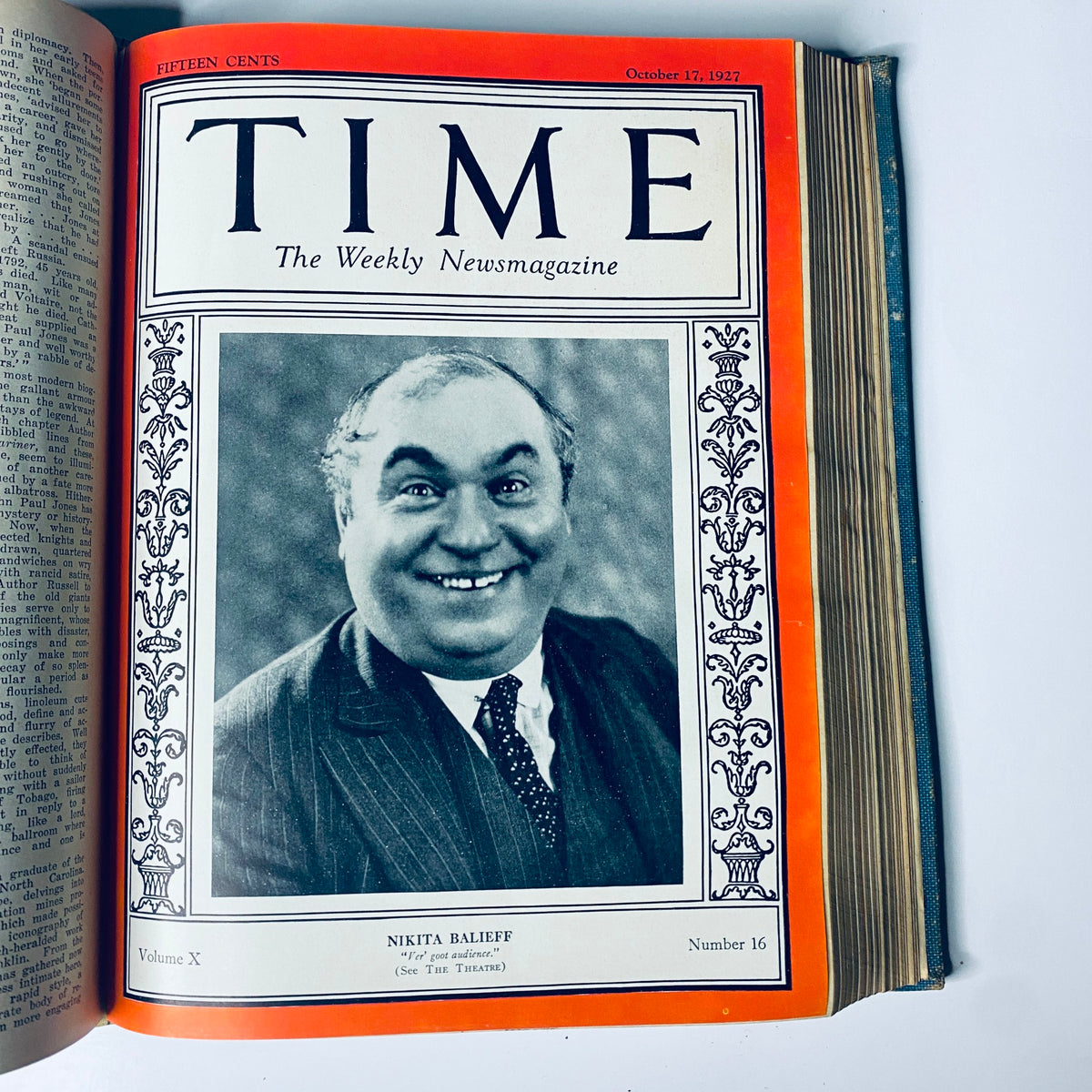 Time Magazine cover from October 17, 1927 featuring Nikita Balieff. Portrait of Balieff smiling, framed in an ornate cover design. Time Magazine Bound Weekly 1927 July - December Bishop Brent, Coach Rockne.