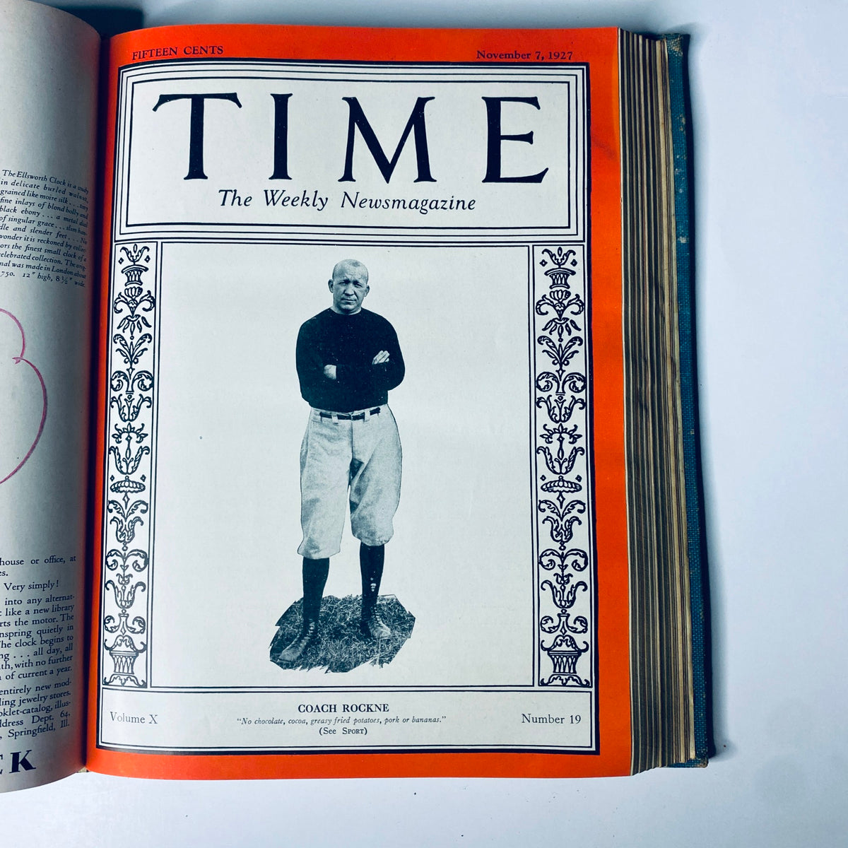 Cover of Time Magazine, November 7, 1927, showcasing Coach Rockne, included in the Time Magazine Bound Weekly July to December 1927.