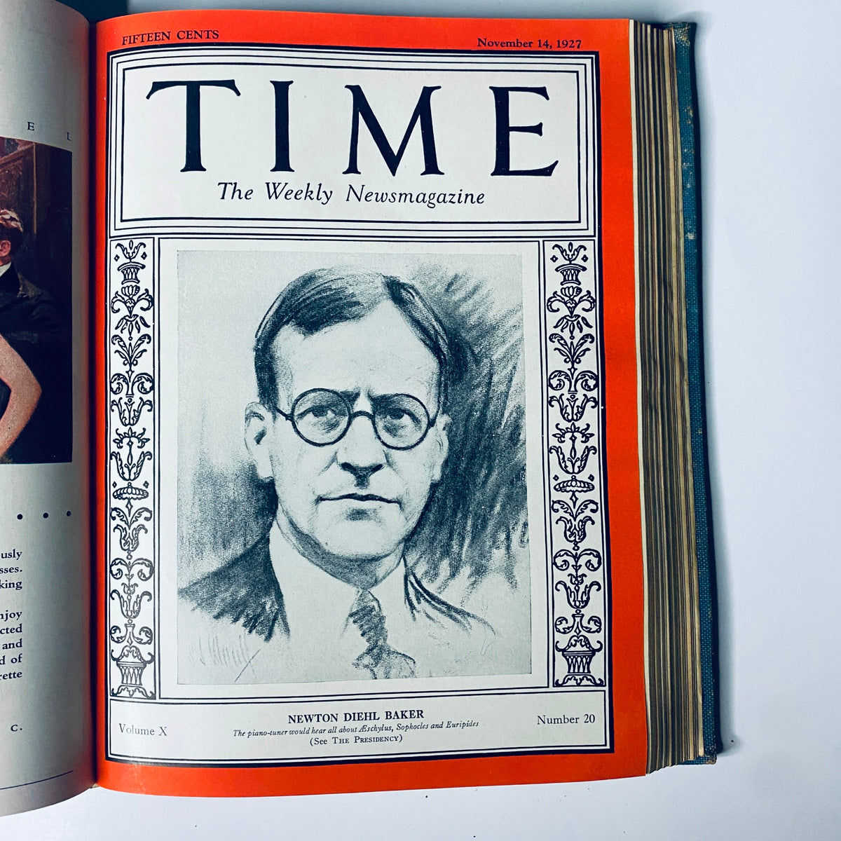 Cover of Time Magazine, November 14, 1927, depicting Newton Diehl Baker, part of the Time Magazine Bound Weekly July to December 1927.