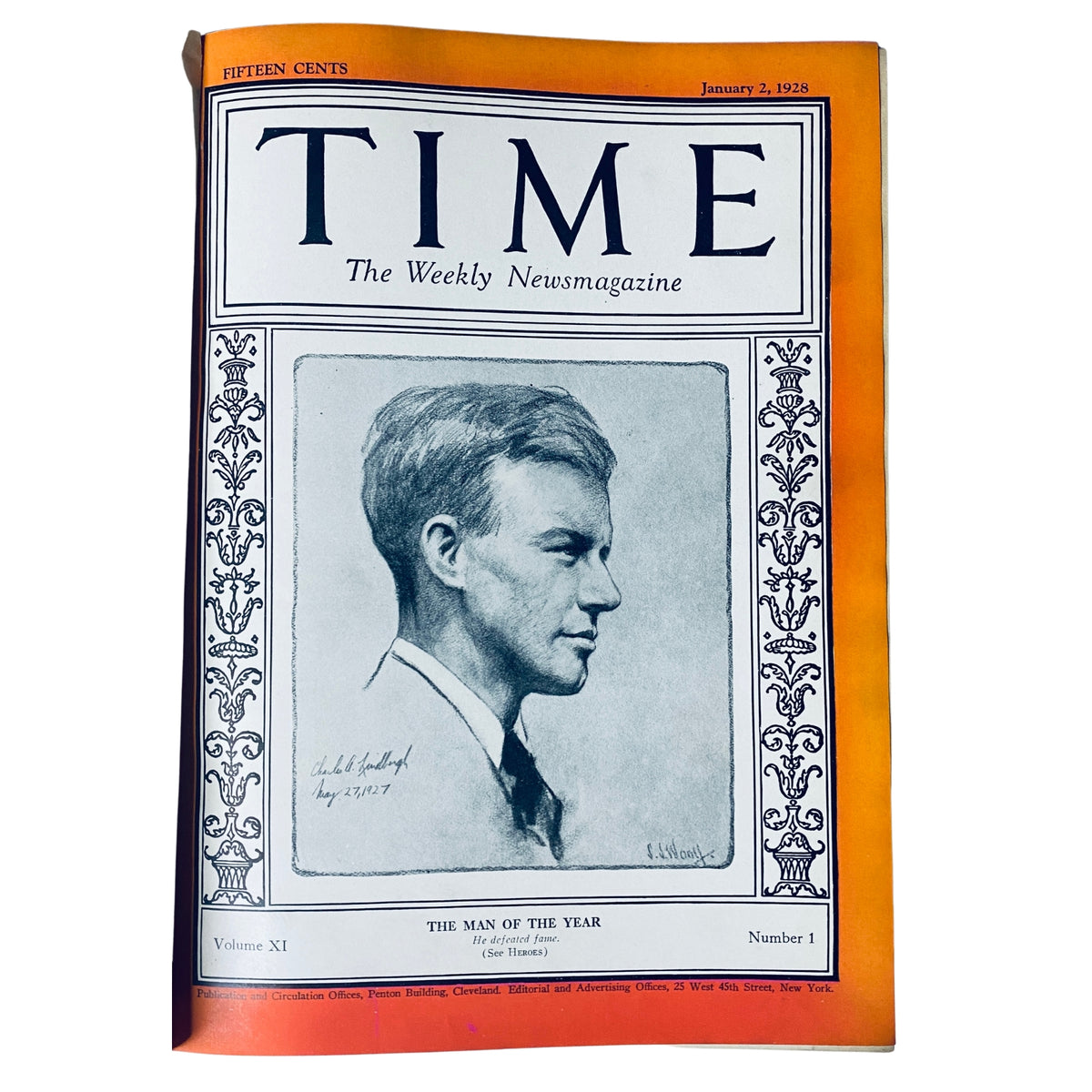 Cover of Time Magazine Bound Weekly, January 2, 1928, featuring a portrait of the 'Man of the Year,' highlighting notable figures from 1928, including Charles Lindbergh and Herbert Hoover.