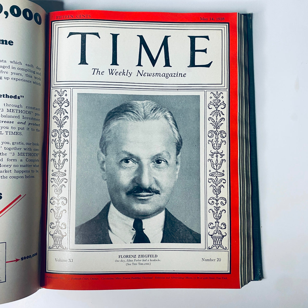 Time Magazine Bound Weekly 1928 January - June featuring Florenz Ziegfeld on the cover, published on May 14, 1928.