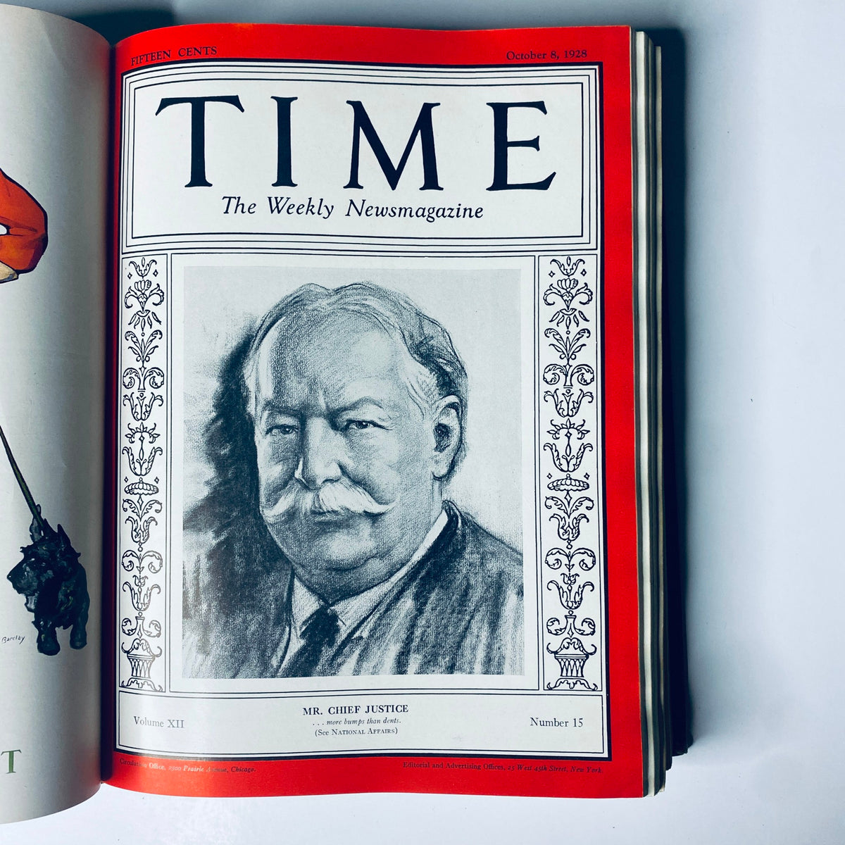 Time Magazine cover from October 8, 1928, featuring Mr. Chief Justice. Part of the Time Magazine Bound Weekly July 2, 1928 - December 31, 1928, highlighting significant legal and political influencers of that era.