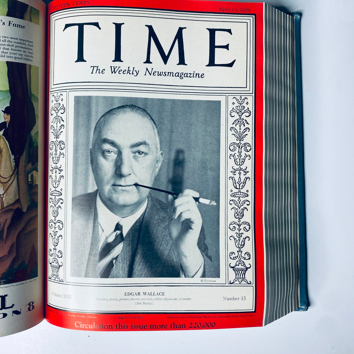 Time Magazine Bound Weekly January 7, 1929 - June 24, 1929 - April 15, 1929 cover featuring Edgar Wallace, illustrating the magazine's design and editorial focus.