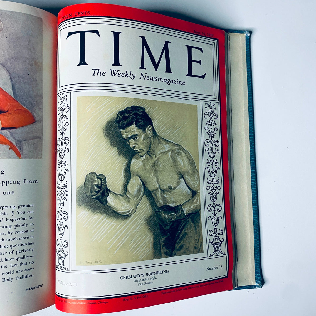 Cover of Time Magazine from June 24, 1929, featuring Germany's Schmeling, as part of Time Magazine Bound Weekly January 7, 1929 - June 24, 1929 Einstein Morgan.