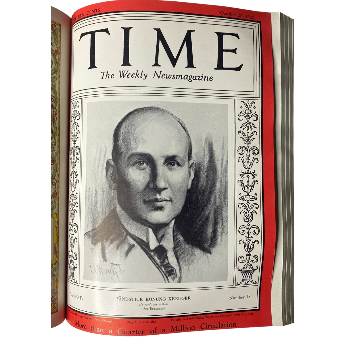 Front cover of Time Magazine Bound Weekly October 28, 1929, showcasing a portrait of Tändstickskonung Kreuger, representing notable figures of the time.