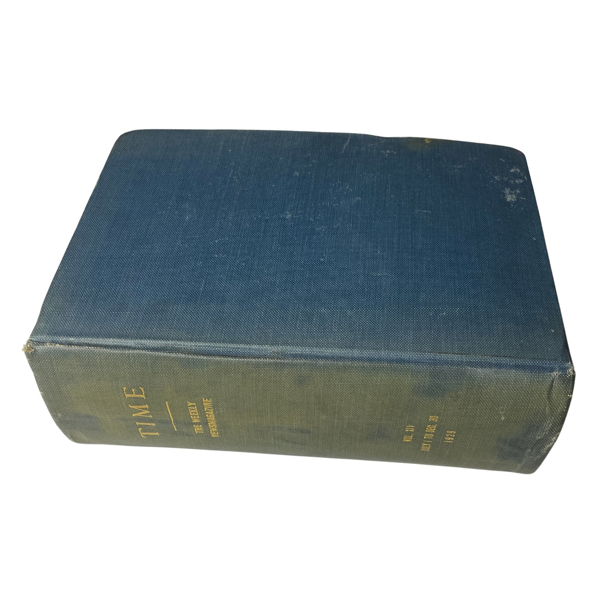 Side view of a bound volume of Time Magazine, displaying its weathered blue fabric and gold lettering, illustrating its collectible nature.