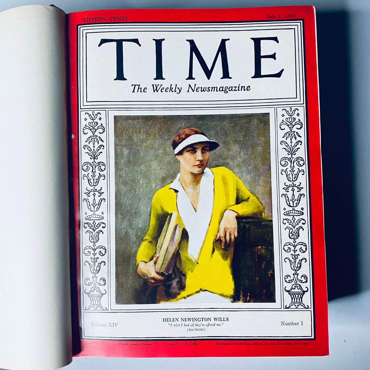Cover page of the Time Magazine Bound Weekly July 1, 1929 - December 30, 1929, featuring the artwork of Helen Newington Wills on the front cover.