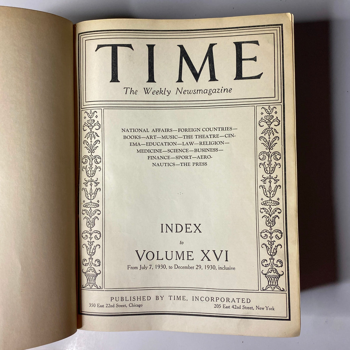 Inside cover page of Time Magazine Bound Weekly July 7, 1930 - December 29, 1930 displaying the index and publication details.