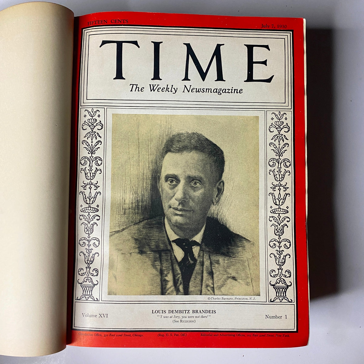 Cover of Time Magazine Bound Weekly, July 7, 1930, featuring Louis Dembitz Brandeis. A historical representation from the era of the Great Depression.