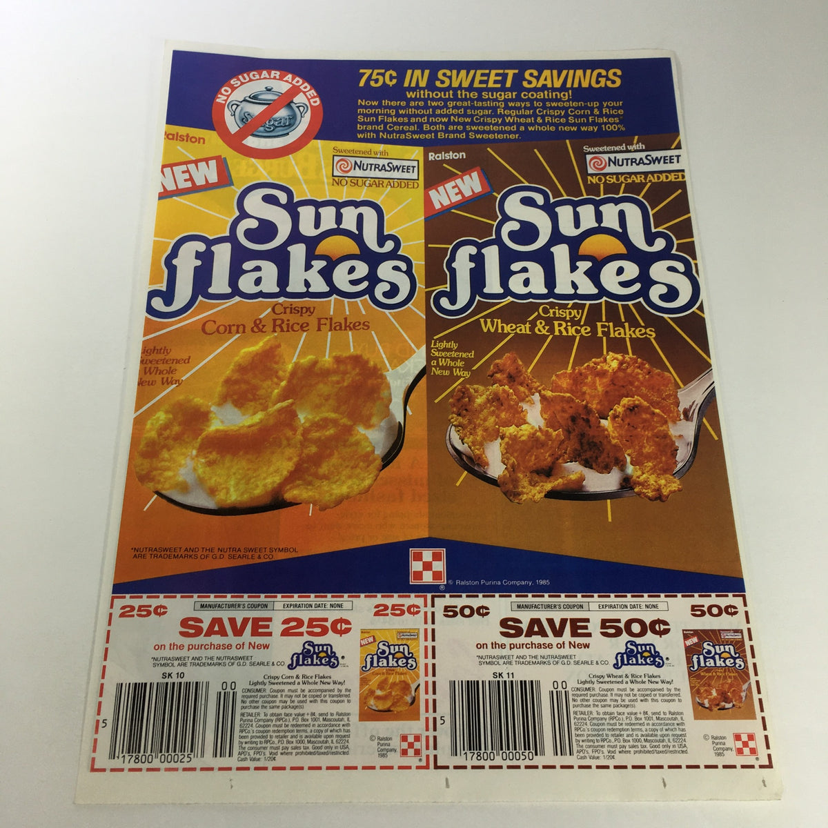 VTG Retro 1986 Nutra Sweet Sun Flakes Crispy Corn, Wheat & Rice Flakes Ad Coupon featuring cereal with colorful packaging and promotional details.