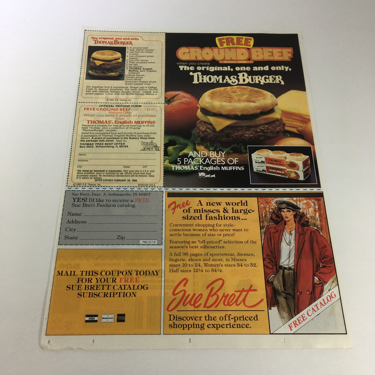 VTG Retro 1986 Thomas Burger Ad Coupon showcasing a free ground beef offer alongside Thomas English Muffins in an advertising layout.
