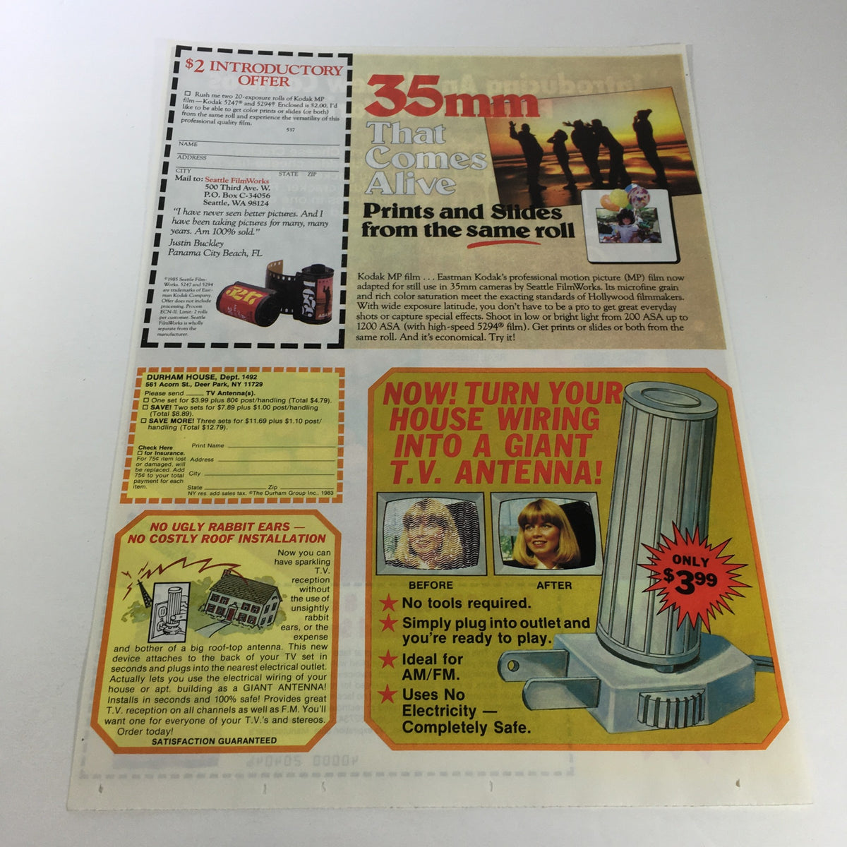 VTG Retro 1983 Combos Filled Snack Half Pound Cheese Crackers Print Ad reverse side displaying another promotional offer with various advertisements and details for film and antenna products.
