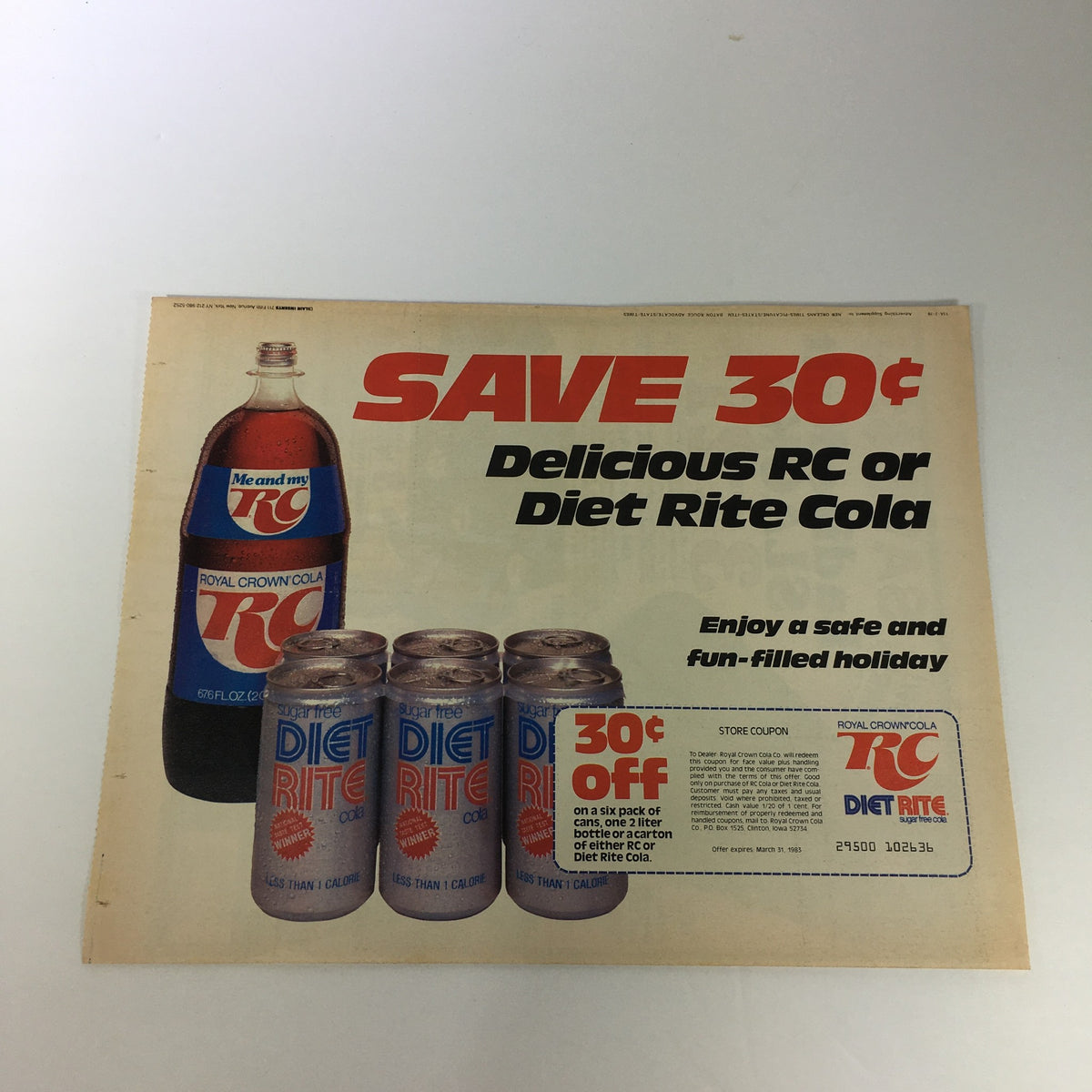 Vintage 1983 Royal Crown Cola RC Diet Rite Sugar Free Cola print advertisement featuring a coupon to save 30 cents. The ad showcases Diet Rite Cola cans and a Royal Crown Cola bottle, promoting a festive holiday theme.