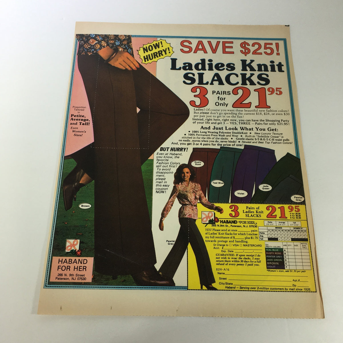 Retro advertisement for ladies' knit slacks priced at 3 pairs for only $21.95. The print ad features colorful images of the slacks, emphasizing a stylish and affordable clothing option for women.