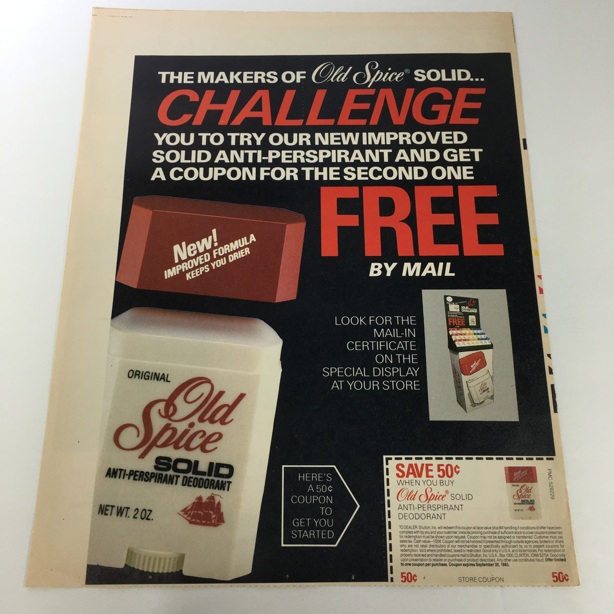 VTG Retro 1985 Old Spice Solid Original AntiPerspirant Deodorant Print Ad Coupon featuring a bold challenge to try a new improved formula. The ad showcases the product, highlighting a promotion for a free coupon with purchase, along with relevant details and graphics.