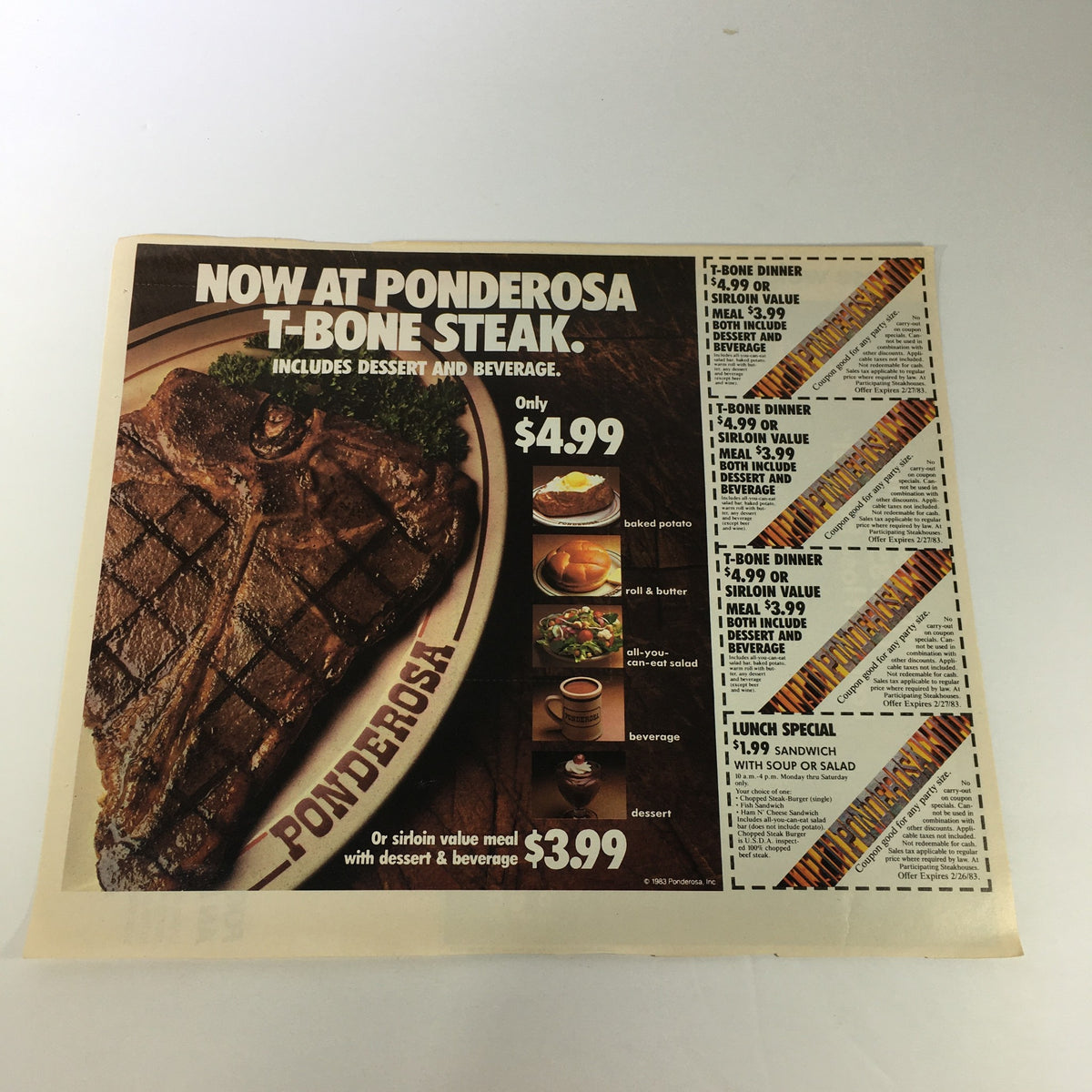 VTG Retro 1983 Ponderosa T-Bone Steak Sirloin Value Meal Print Ad Coupon featuring a T-Bone steak meal offer listed at $4.99, including dessert and beverage, with additional meal options on the side.