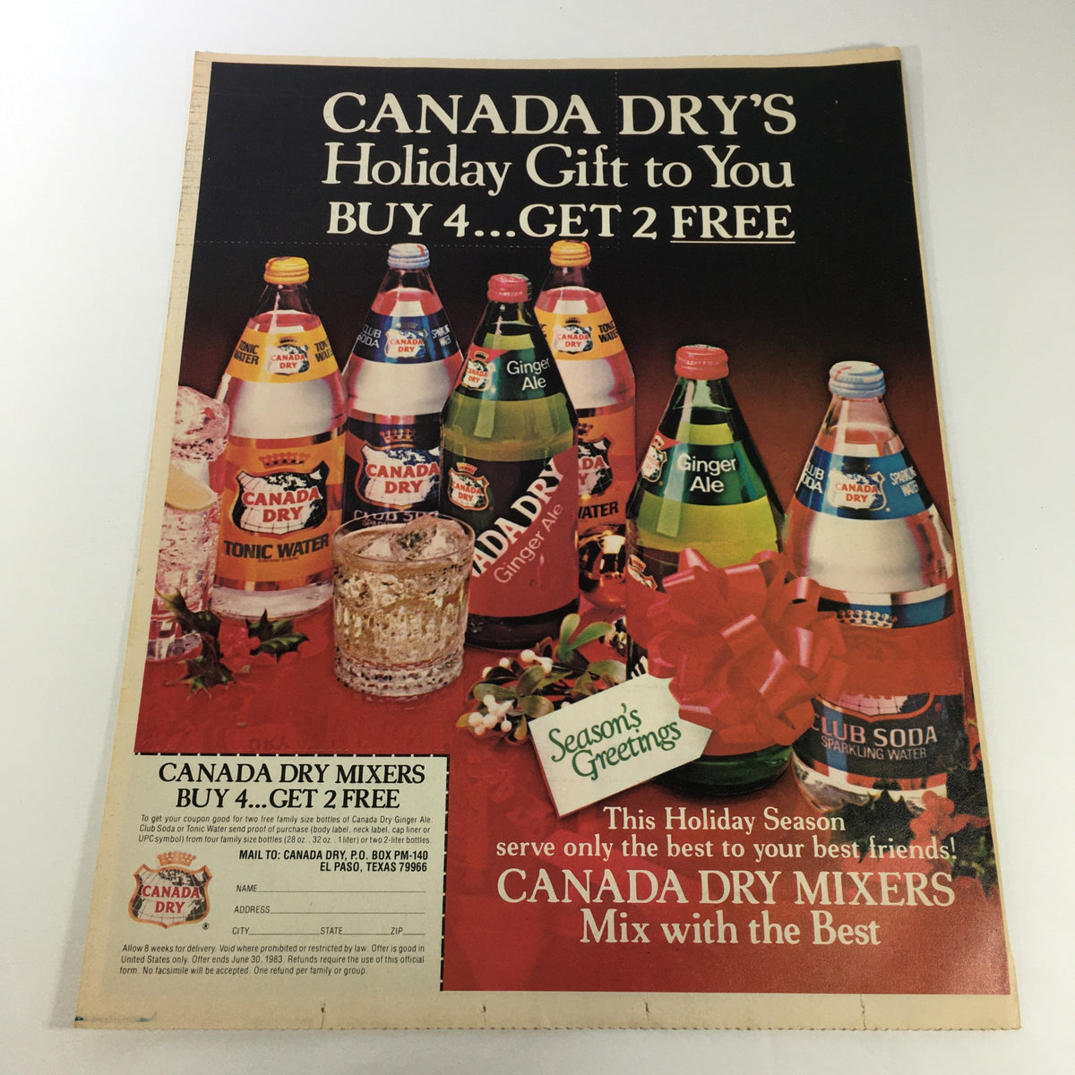Vintage 1983 advertisement for Canada Dry Mixers Sparkling Water showcasing a holiday promotion: Buy 4 Get 2 FREE. The ad features various Canada Dry beverages, decorative elements, and festive greetings.