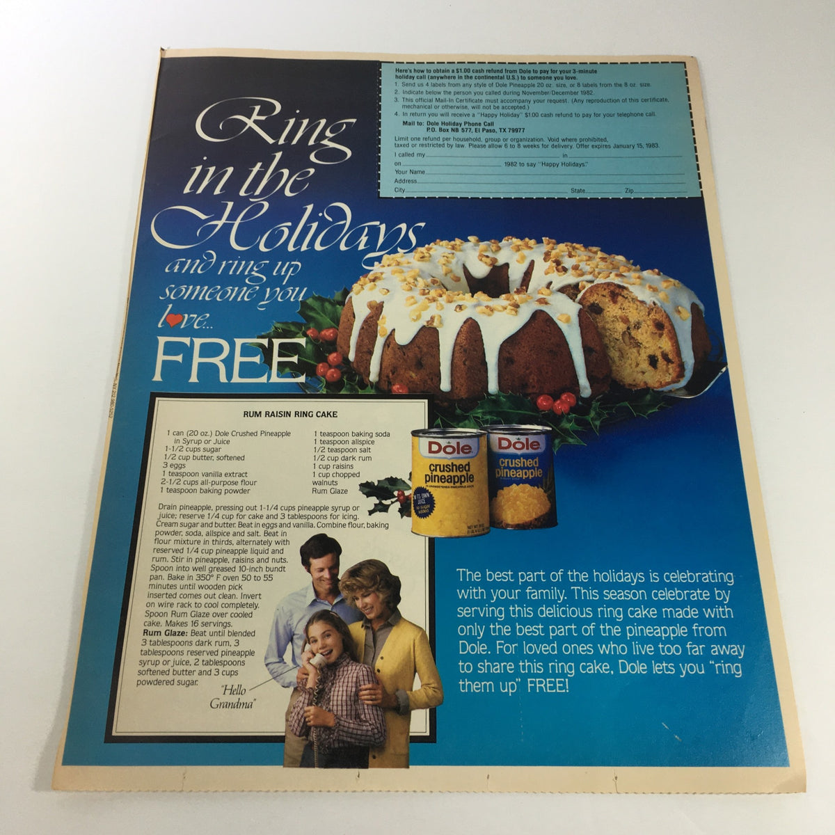 Vintage 1983 advertisement for Dole Crushed Pineapple featuring a Rum Raisin Ring Cake recipe. The ad promotes family celebrations with a festive design, highlighting the ingredients and instructions for baking. Part of the VTG Retro 1983 Canada Dry Mixers Sparkling Water Buy 4 Get 2 FREE Ad Coupon collection.