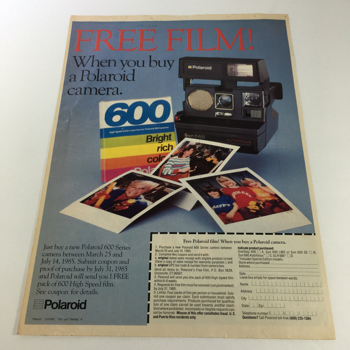 VTG Retro 1986 Meaty Bone Dog Biscuits & Five Alive Beverage Print Ad Coupon showcasing a Polaroid camera promotion with a free film offer for the Polaroid 600 series camera.