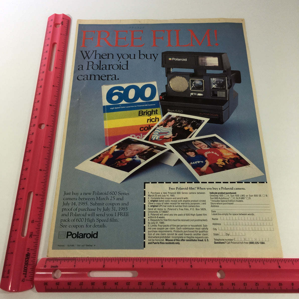 VTG Retro 1986 Meaty Bone Dog Biscuits & Five Alive Beverage Print Ad Coupon displaying a Polaroid camera ad with a free film promotion and detailed instructions for the offer.