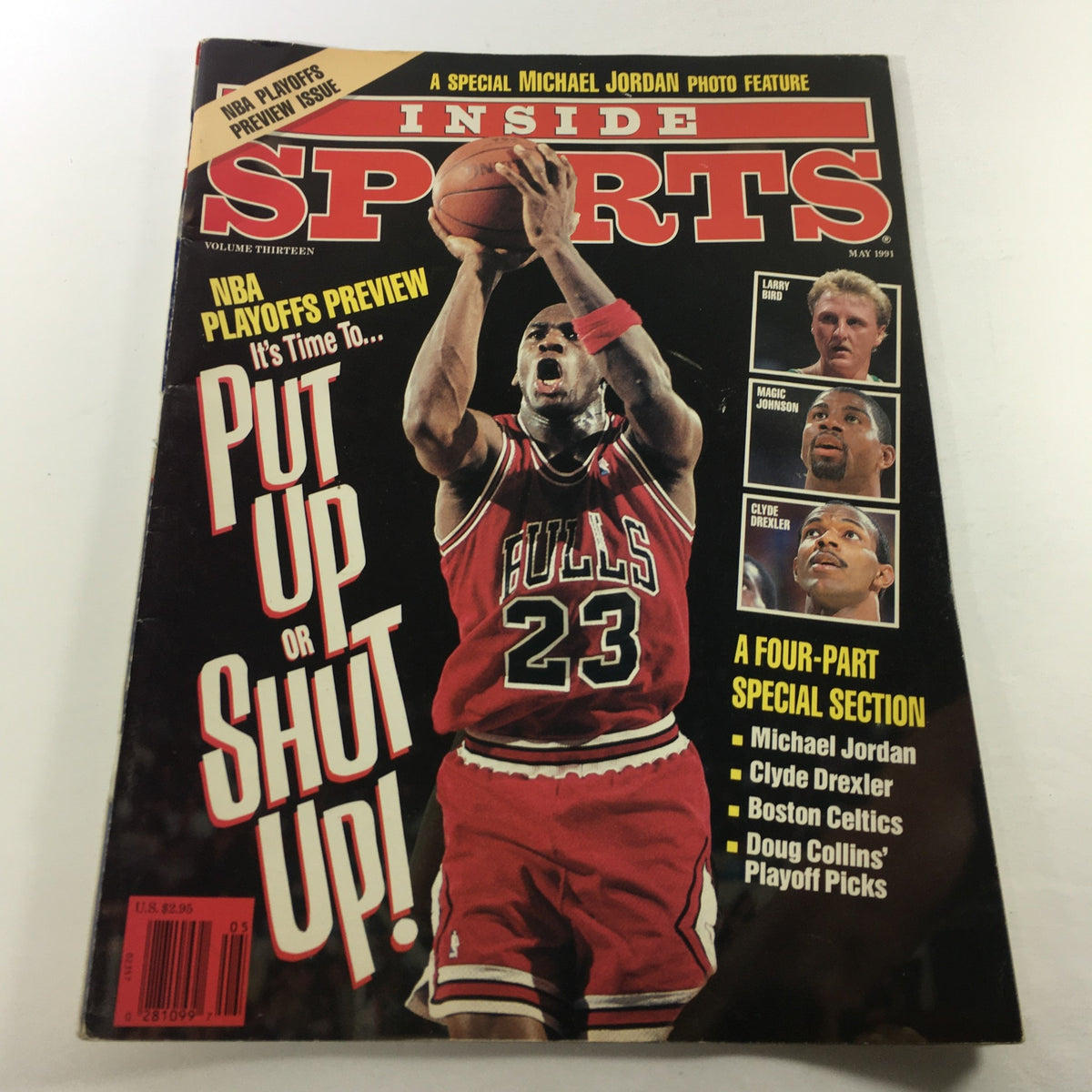 Cover of VTG Inside Sports Magazine May 1991 Vol. 13 featuring NBA stars Michael Jordan and Larry Bird, highlighting a special NBA playoffs preview.