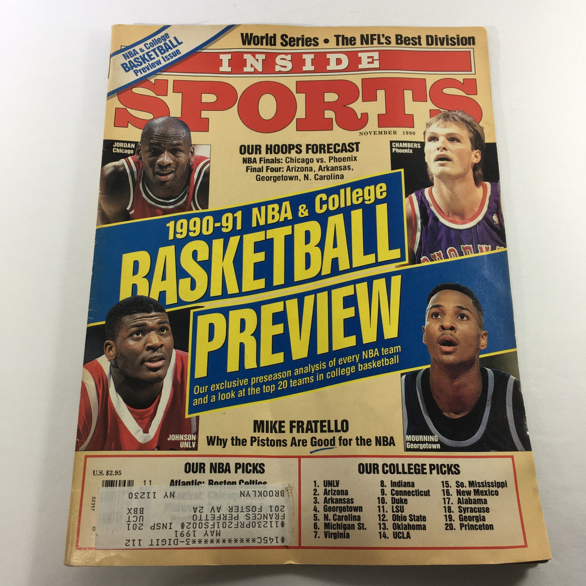 Cover of the VTG Inside Sports Magazine November 1990 featuring NBA stars Michael Jordan and Sean Chambers, with a bold headline on the basketball preview for the 1990-91 season.