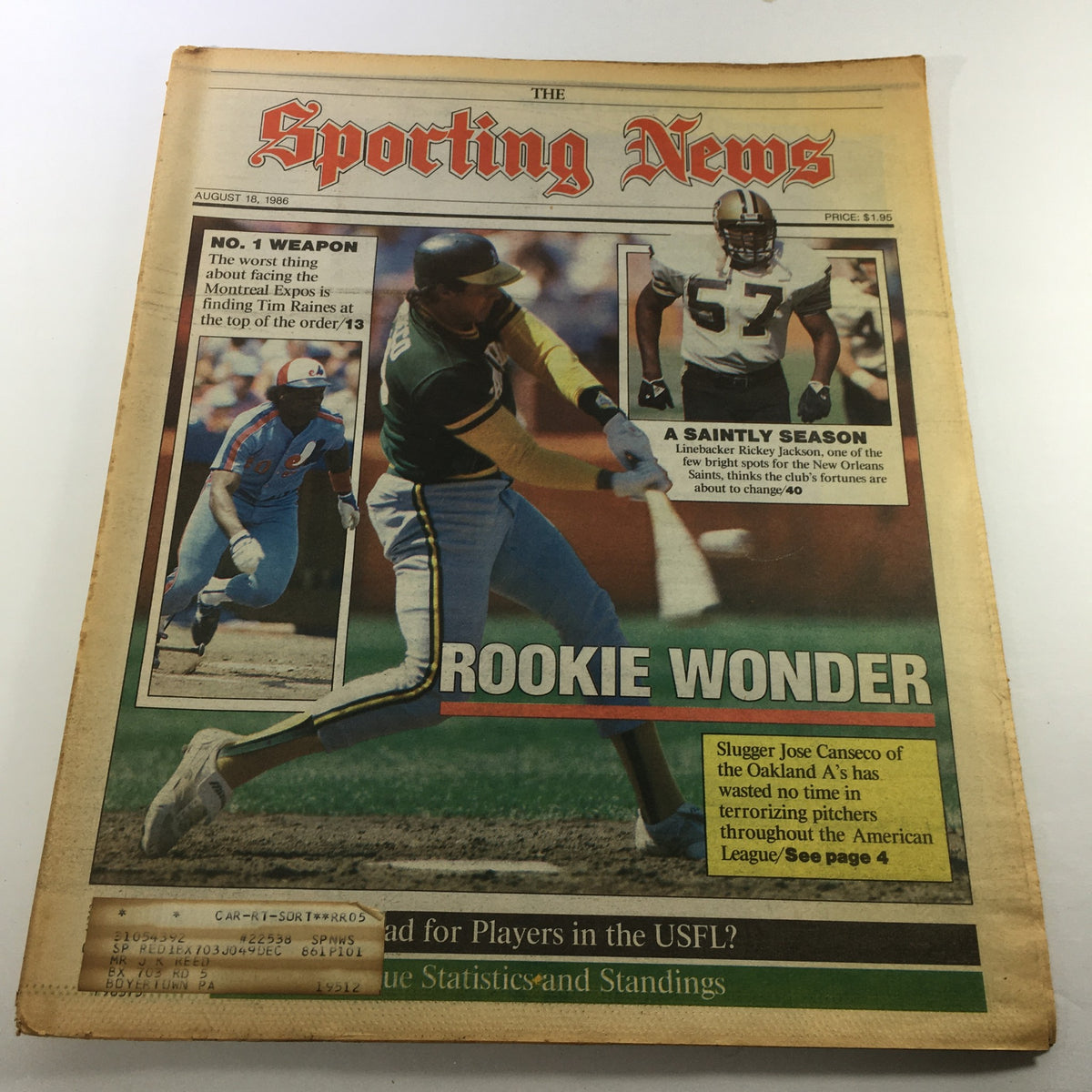 Vintage Sports Magazine: The Sporting News August 18 1986 cover featuring Jose Canseco and Rickey Jackson highlights iconic moments in sports history.