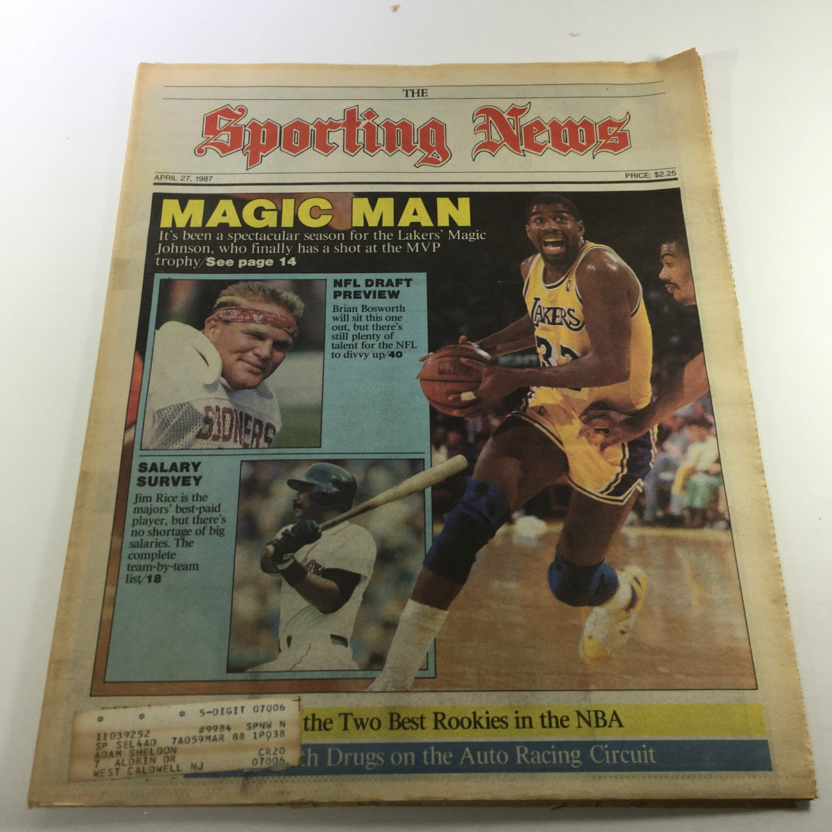 VTG The Sporting News April 27 1987 featuring Magic Johnson in Lakers uniform, discussing NBA MVP candidacy.