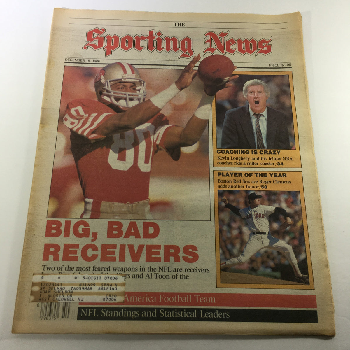 Cover of VTG The Sporting News December 15 1986 featuring Boston Red Sox Ace Roger Clemens, highlighting NFL receivers and coaching insights.