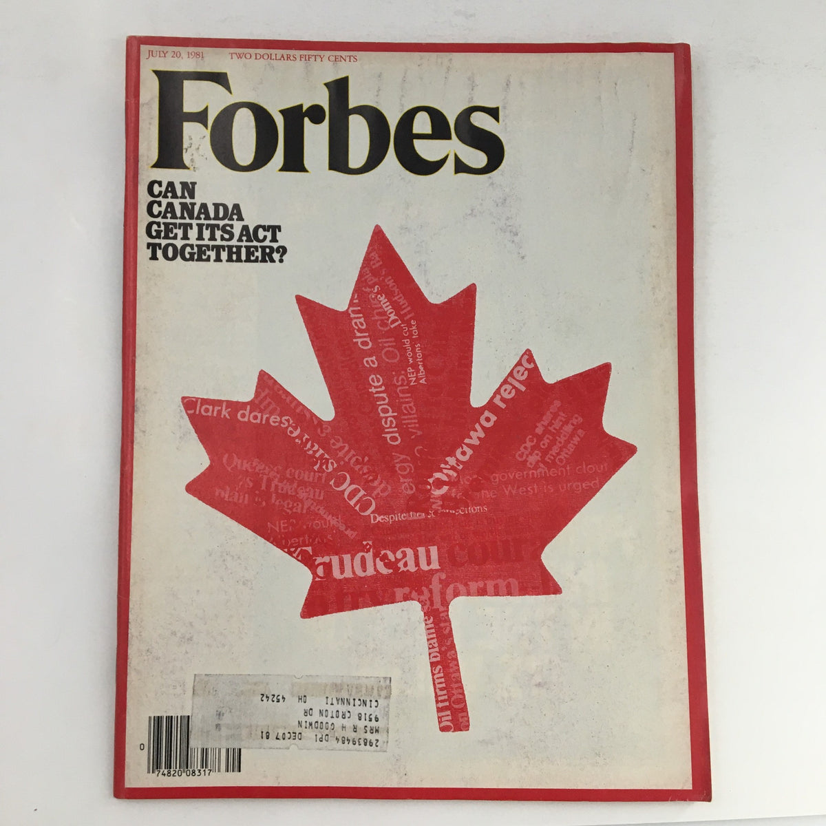 Cover of Forbes Magazine July 20, 1981 featuring a bold red maple leaf with the title 'Can Canada Get Its Act Together?' showcasing the socio-political themes of Canada during the early 1980s.