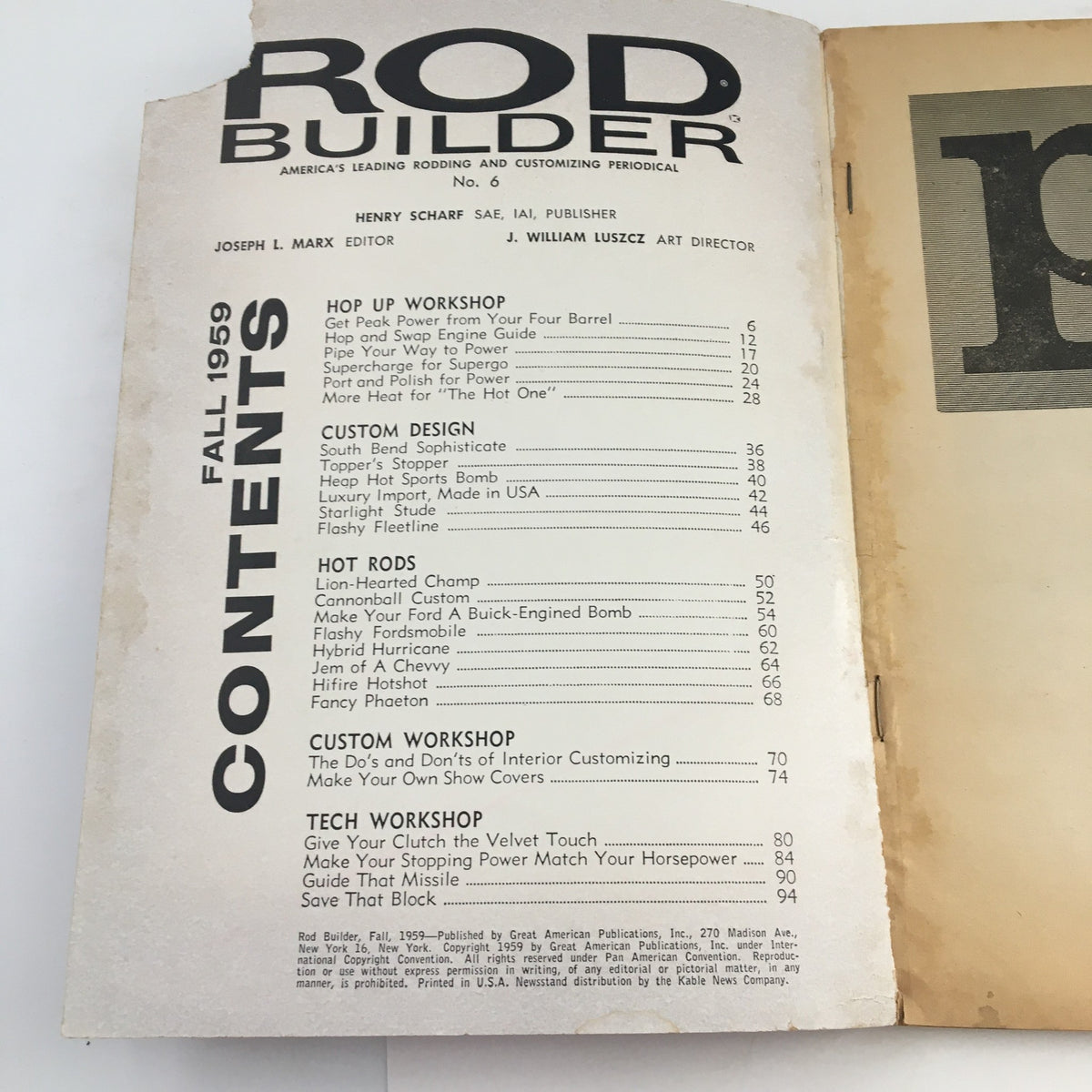 Table of contents from the Rod Builder Annual Fall 1959 Edition, showcasing various sections including Hot Rods and Technical Workshops.