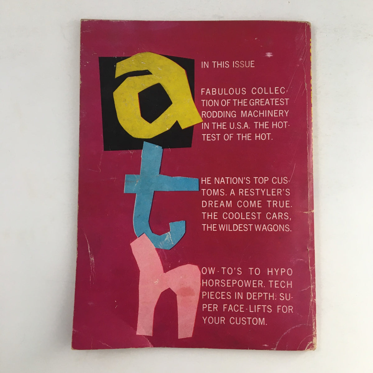 Cover of Rod Builder Annual Fall 1959 Edition featuring colorful letters and descriptions of custom vehicles, showcasing the essence of rods and customs tech articles.