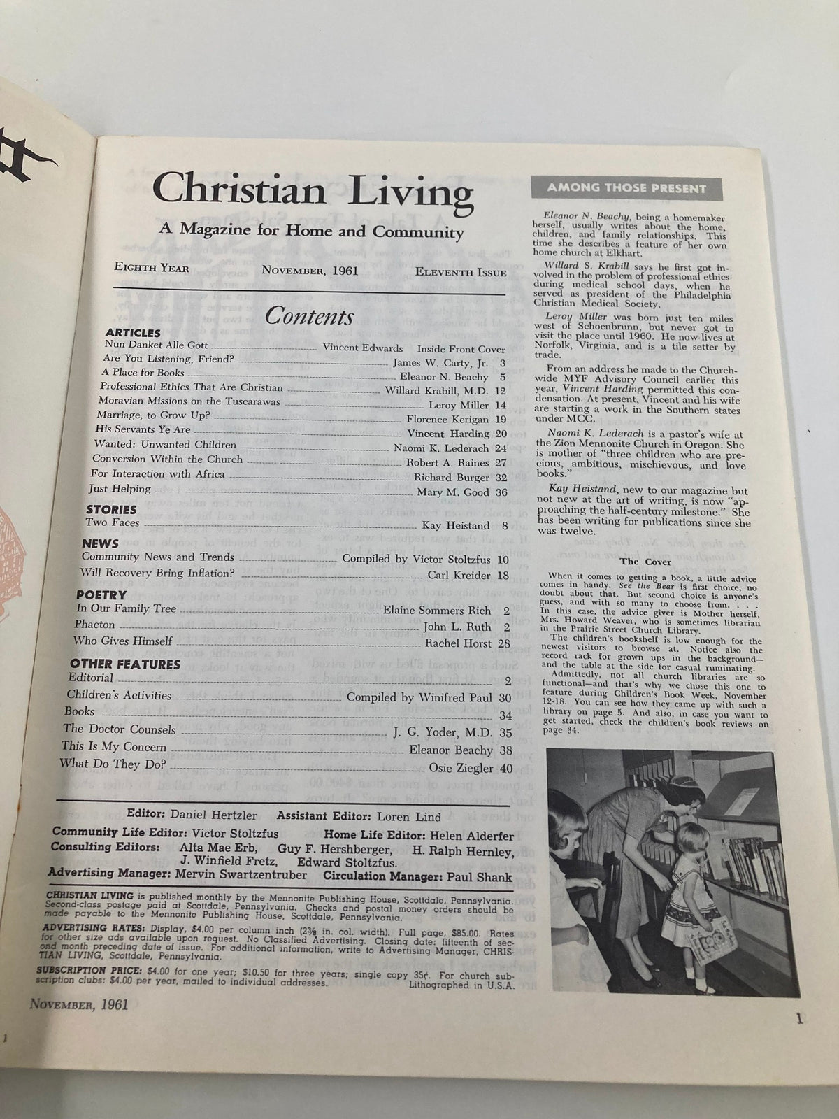 Contents page of the VTG Christian Living Magazine November 1961 featuring article titles and contributions, emphasizing its focus on topics related to Christian living and community life.