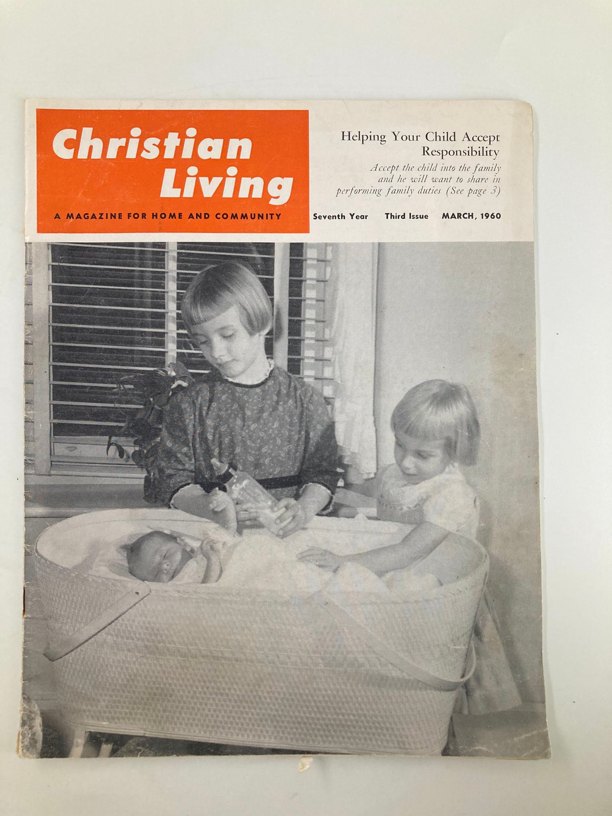 VTG Christian Living Magazine March 1960 cover featuring the article 'Helping Your Child Accept Responsibility' with an image of two girls and a baby in a cradle.