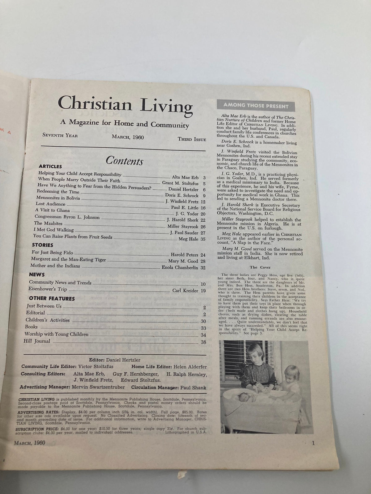 Interior page of VTG Christian Living Magazine March 1960 showcasing the table of contents, including the article 'Helping Your Child Accept Responsibility' and other topics.