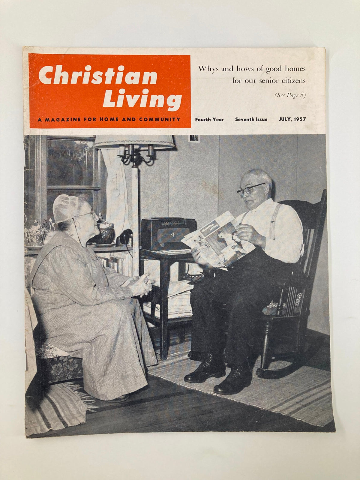 Cover of the VTG Christian Living Magazine from July 1957 featuring the title and a description of articles on homes for senior citizens.
