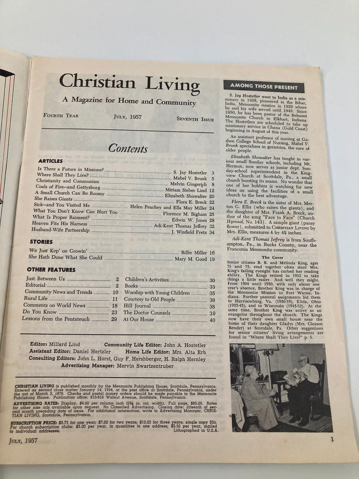 Table of contents from the VTG Christian Living Magazine July 1957, listing articles and features focused on community and senior living.